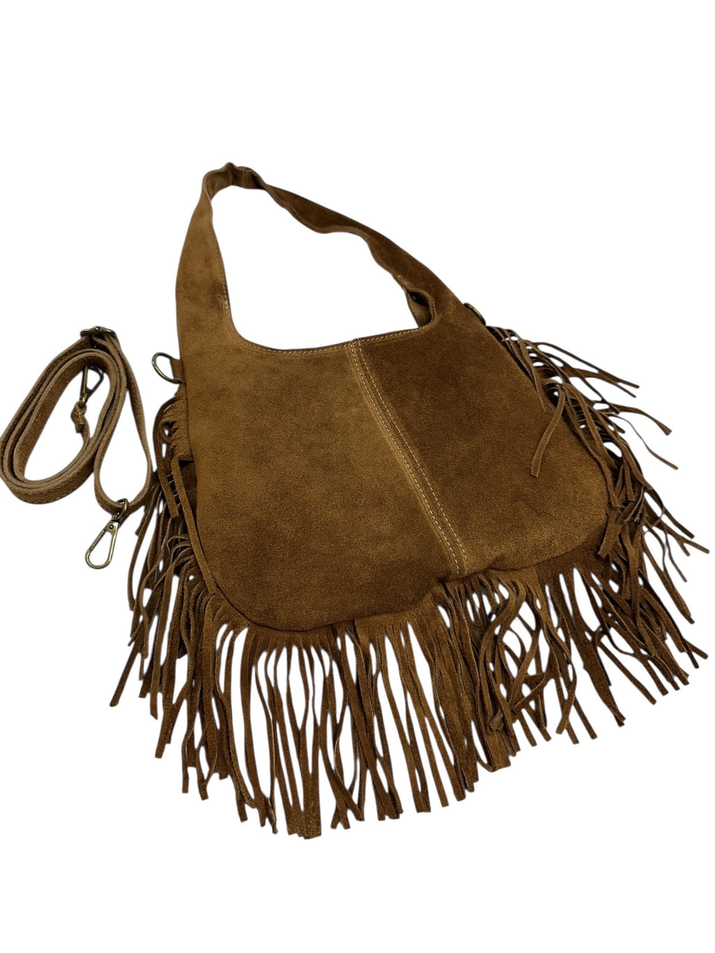 HE1049 Dark Tan Fringe Suede Hobo Bag