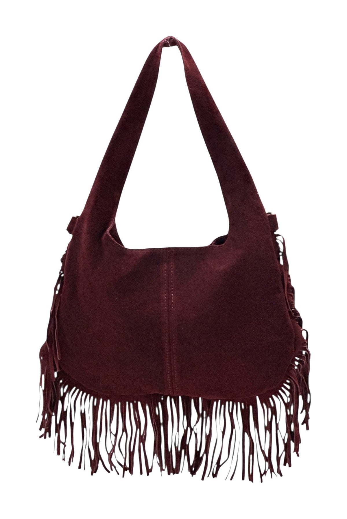 HE1050 Burgundy Fringe Suede Hobo Bag
