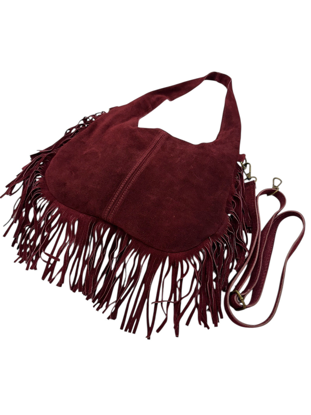 HE1050 Burgundy Fringe Suede Hobo Bag