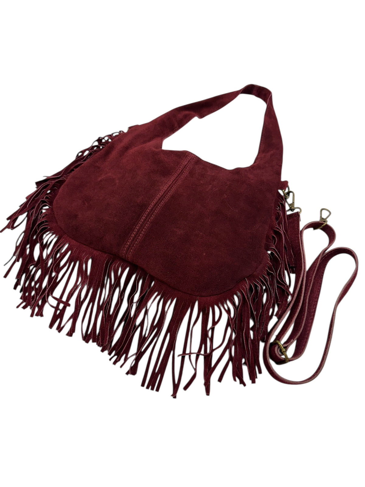 HE1050 Burgundy Fringe Suede Hobo Bag