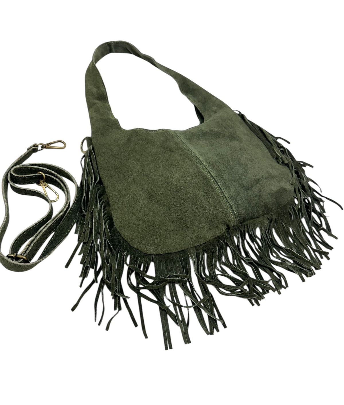HE1051 Military Green Fringe Suede Hobo Bag