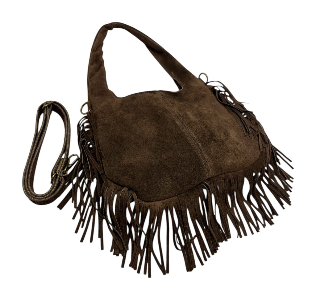 HE1052 Dark Brown Fringe Suede Hobo Bag