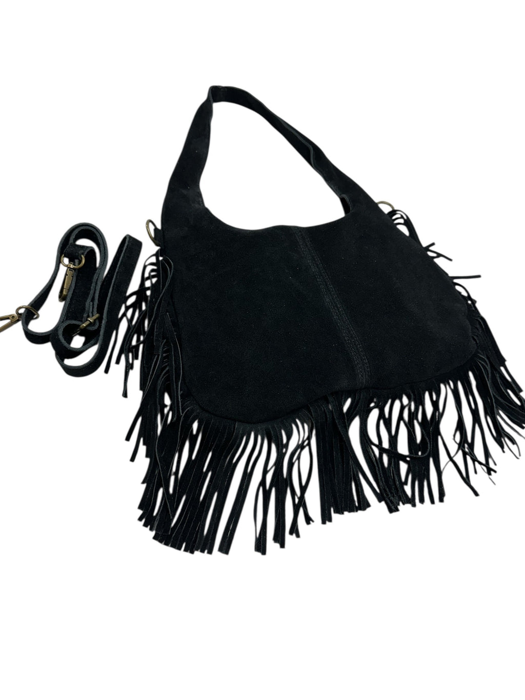 HE1053 Black Fringe Suede Hobo Bag
