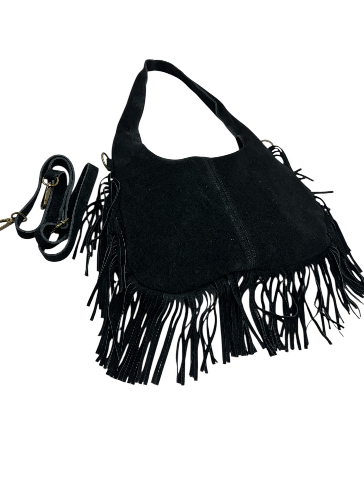 HE1053 Black Fringe Suede Hobo Bag