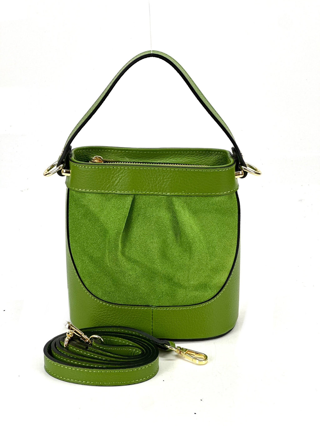 HE1060 Avocado Green Pleated Suede Bucket Bag