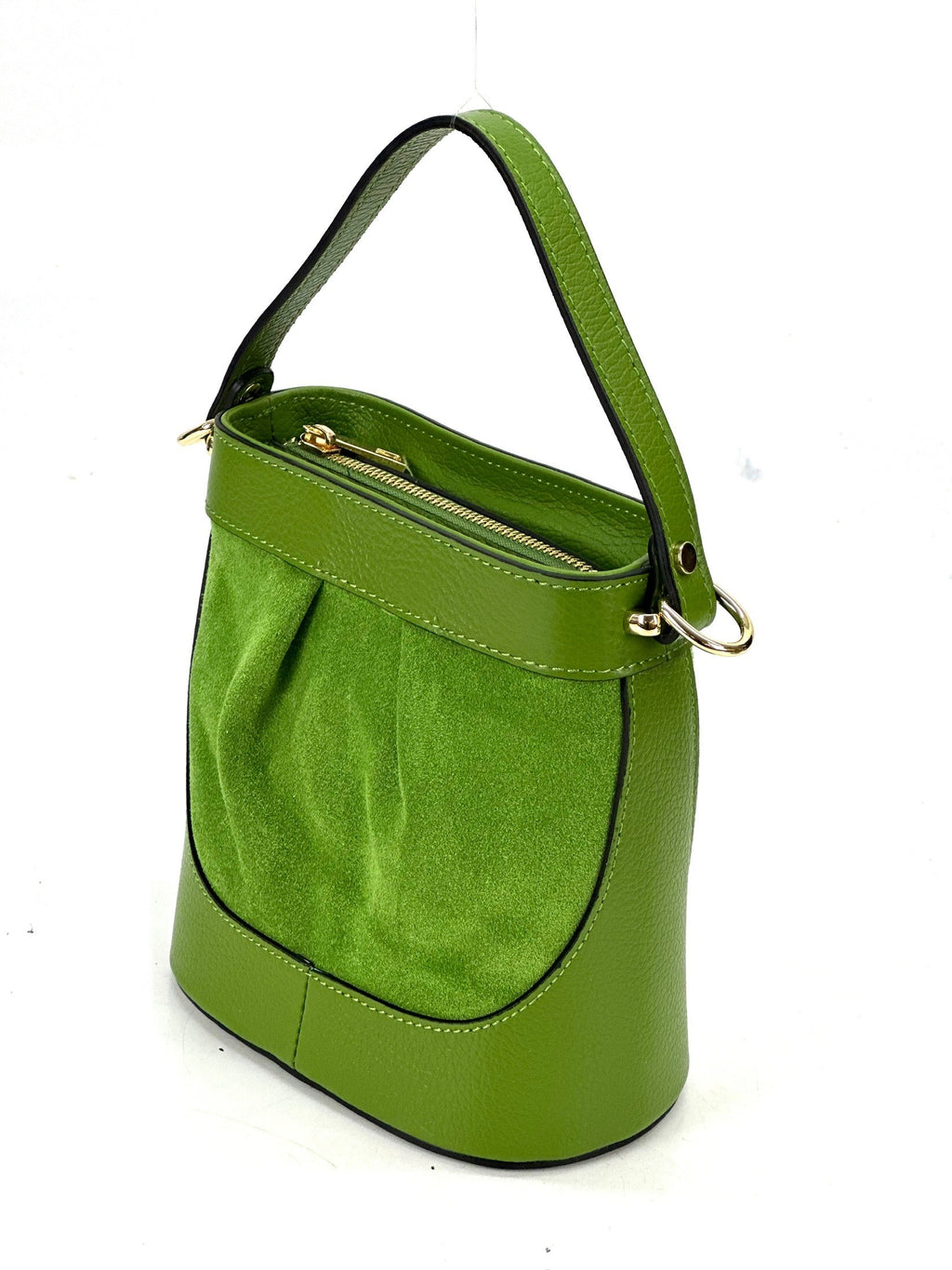 HE1060 Avocado Green Pleated Suede Bucket Bag