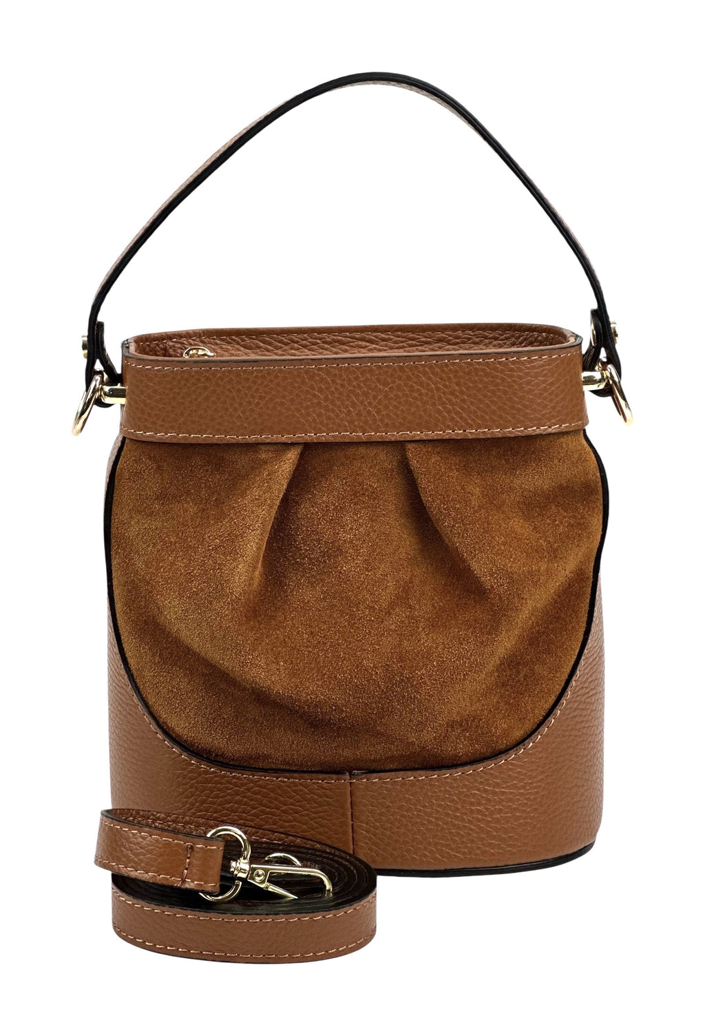 HE1061 Dark Tan Pleated Suede Bucket Bag