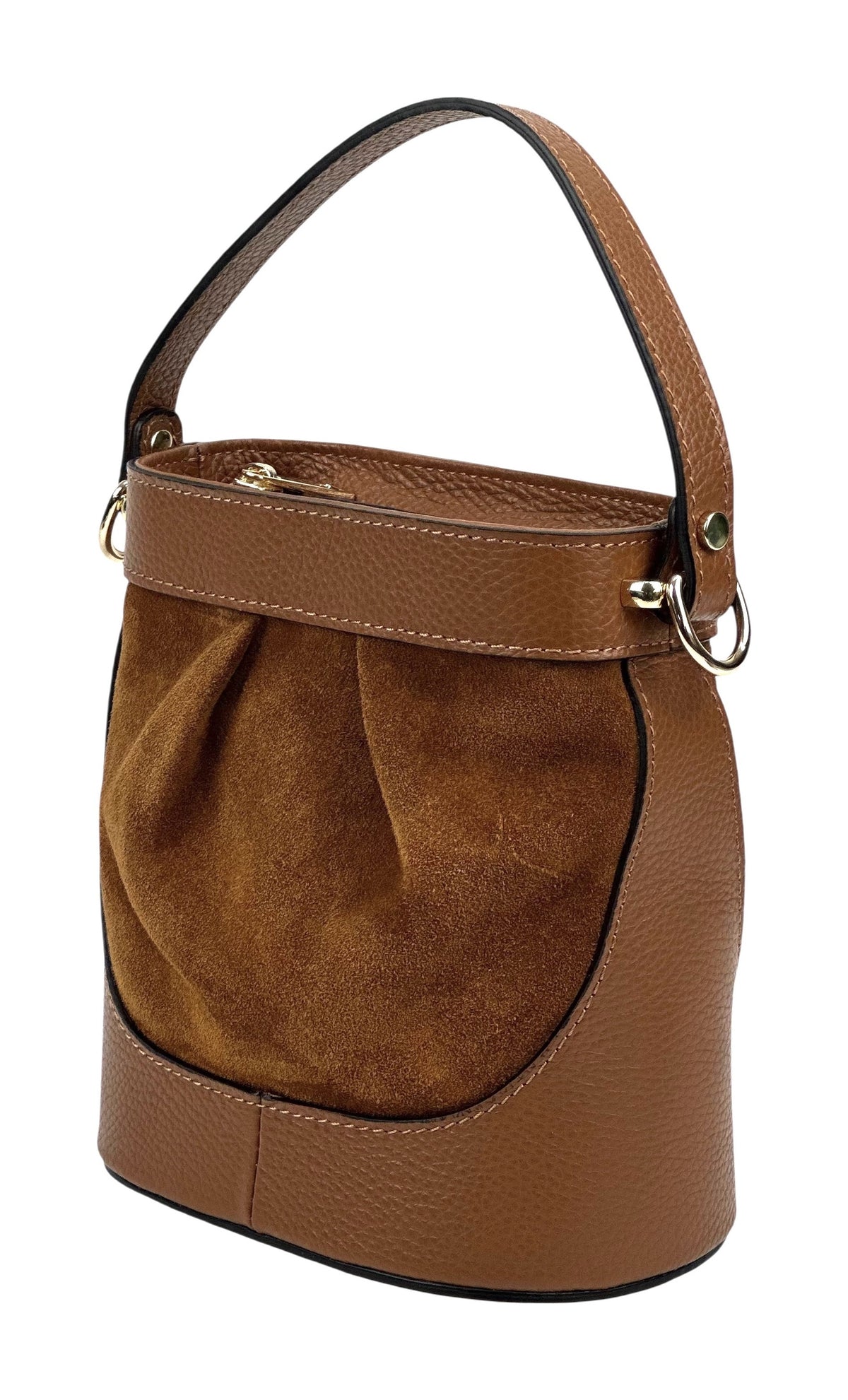 HE1061 Dark Tan Pleated Suede Bucket Bag