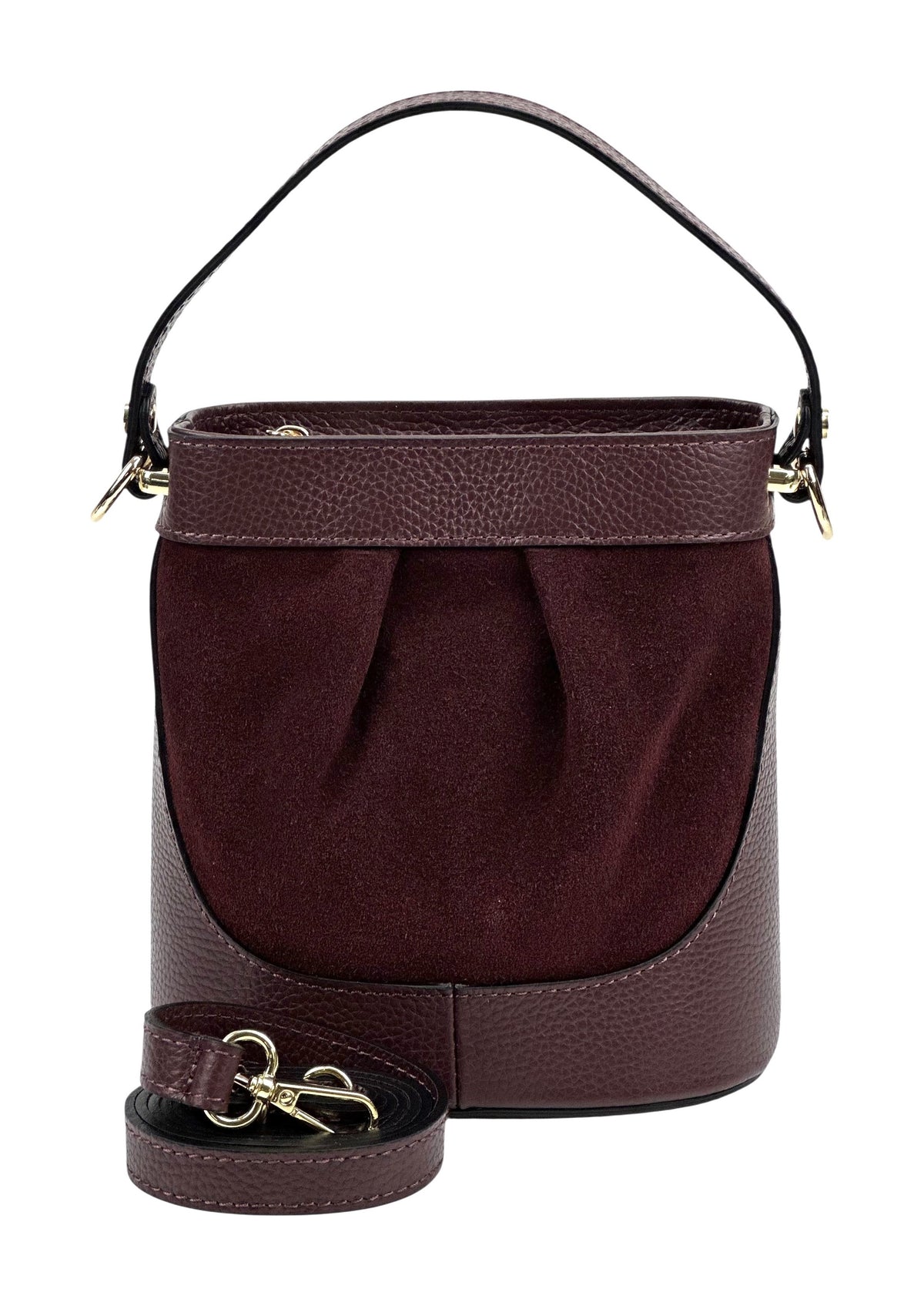 HE1063 Burgundy Pleated Suede Bucket Bag