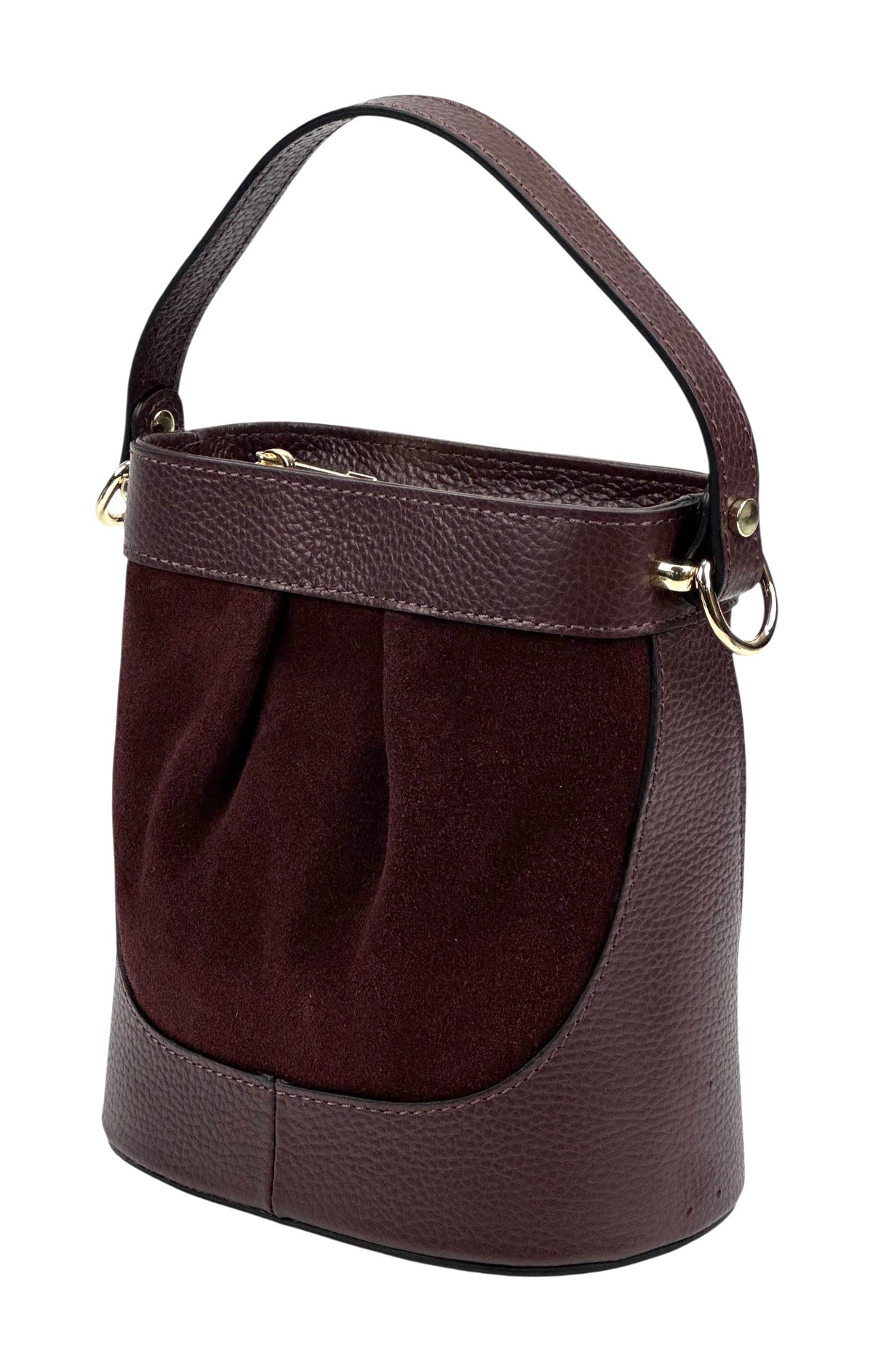 HE1063 Burgundy Pleated Suede Bucket Bag