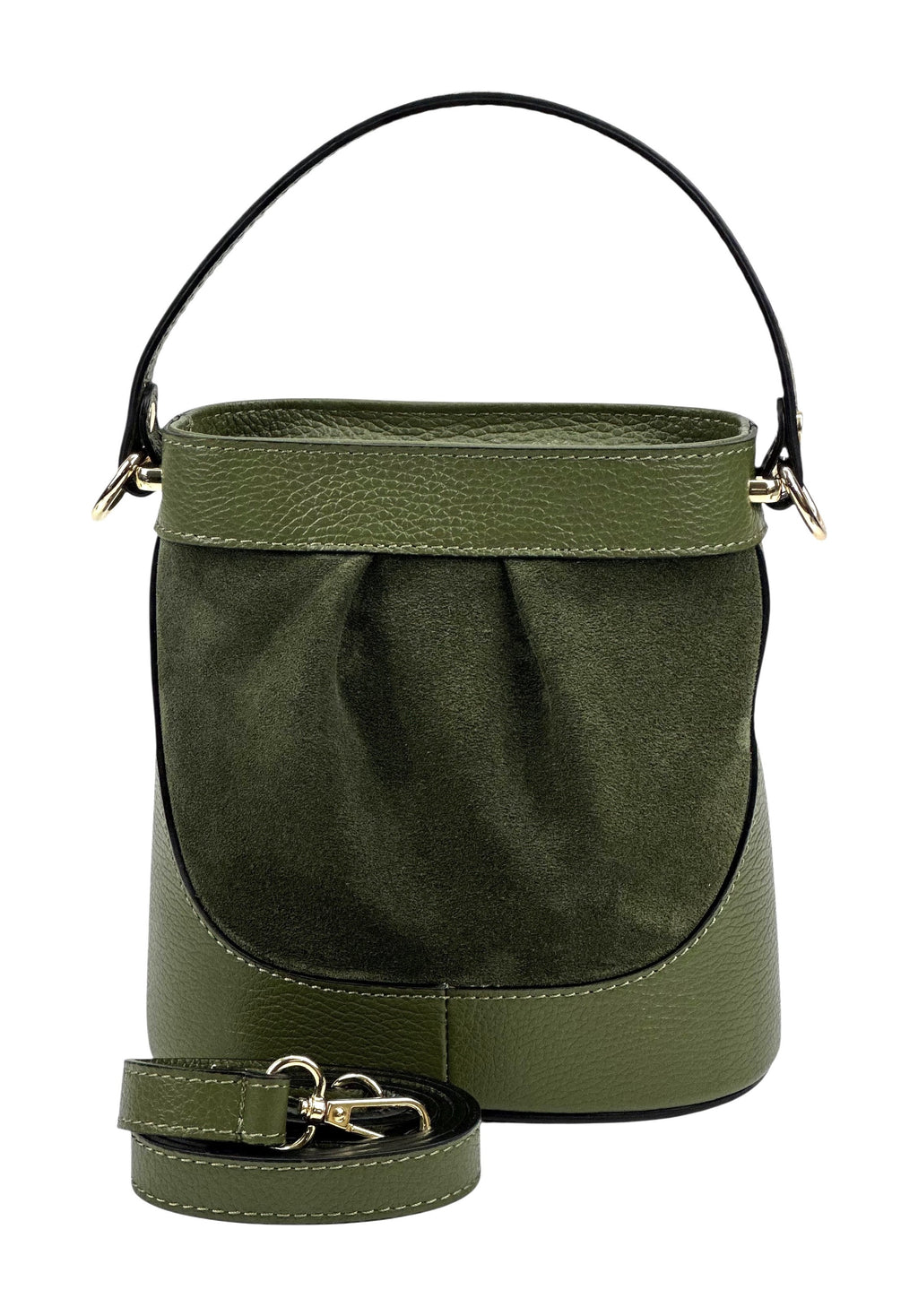 HE1064 Military Green Pleated Suede Bucket Bag