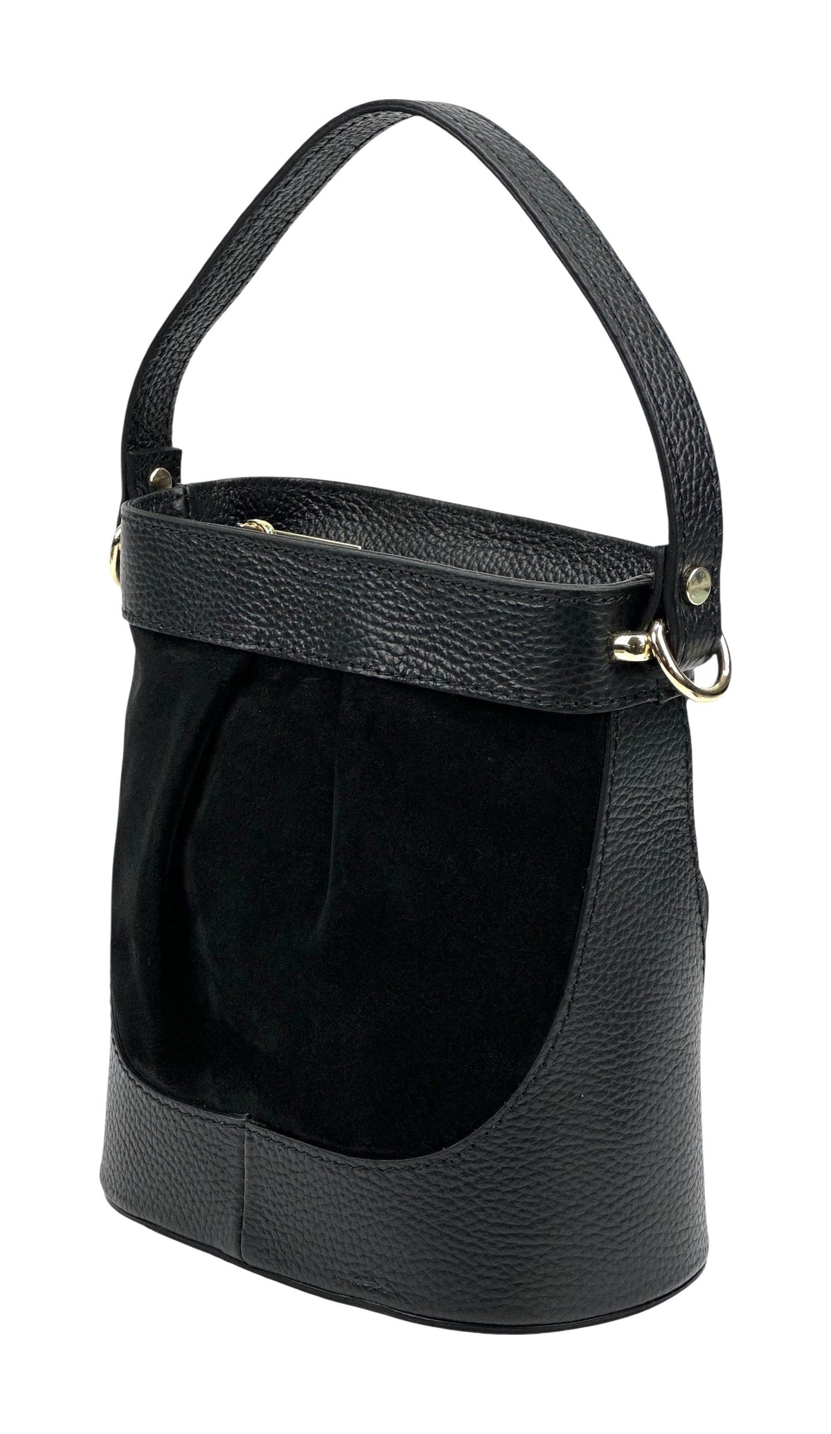 HE1066 Black Pleated Suede Bucket Bag