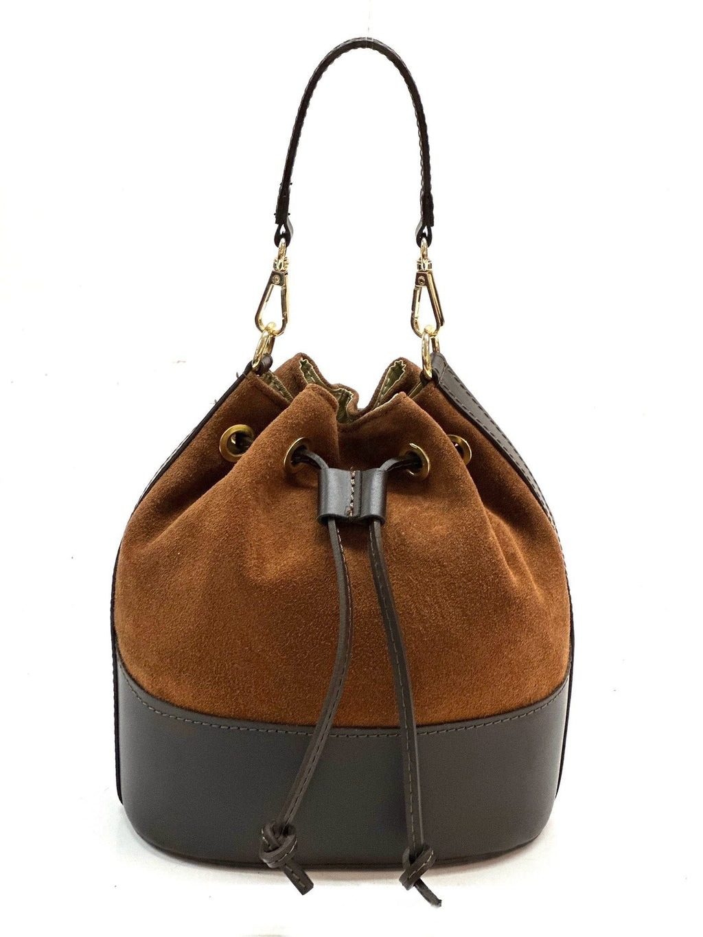 HE1071 Dark Tan Drawstring Suede Bucket Bag