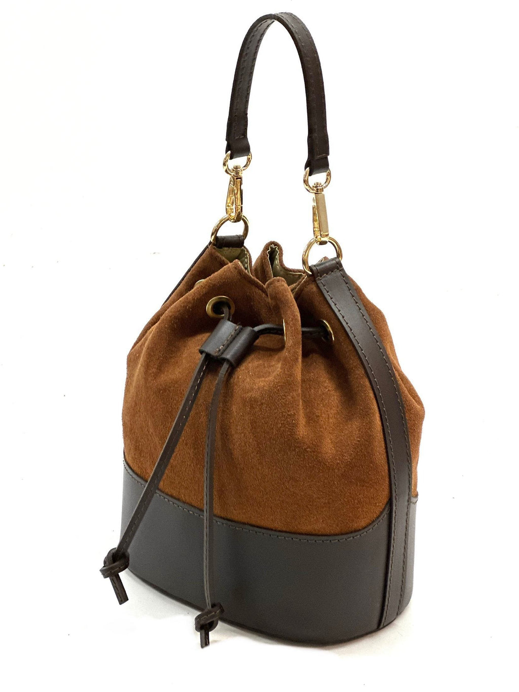 HE1071 Dark Tan Drawstring Suede Bucket Bag