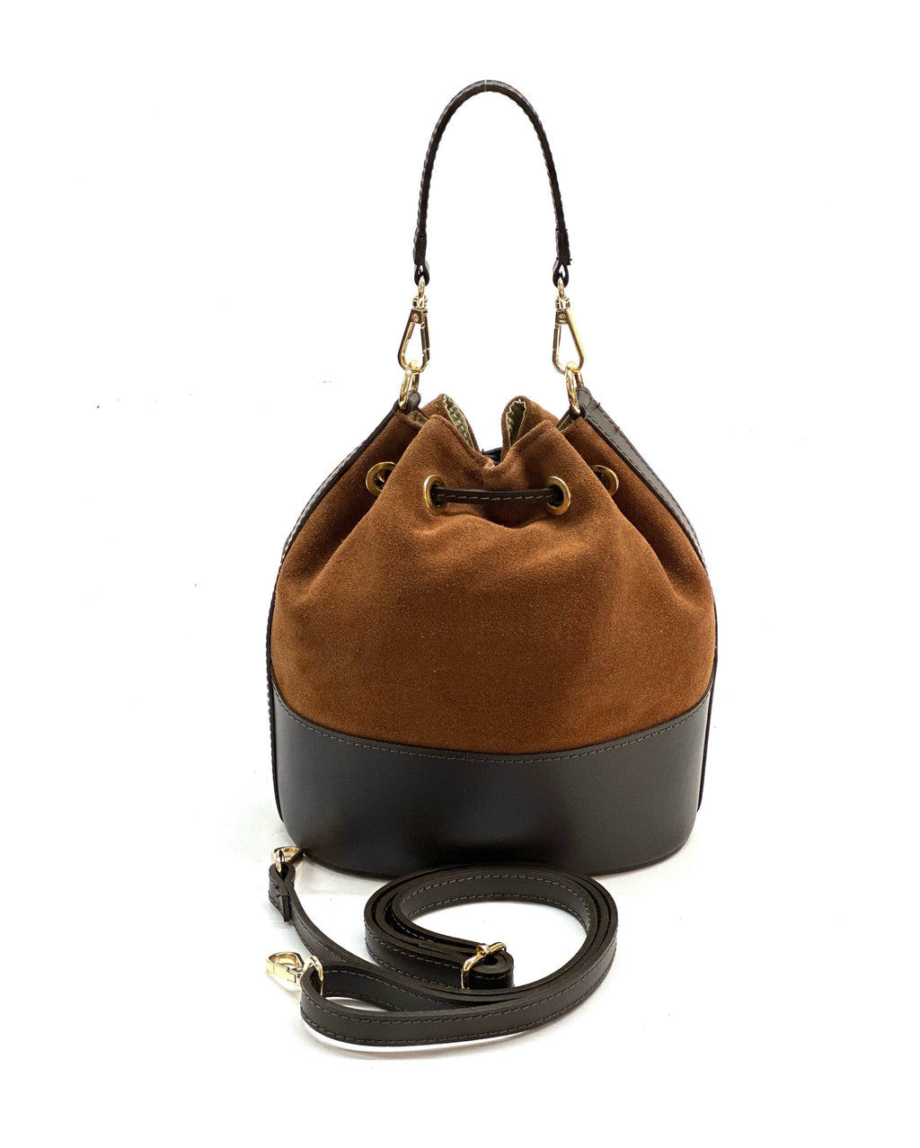 HE1071 Dark Tan Drawstring Suede Bucket Bag