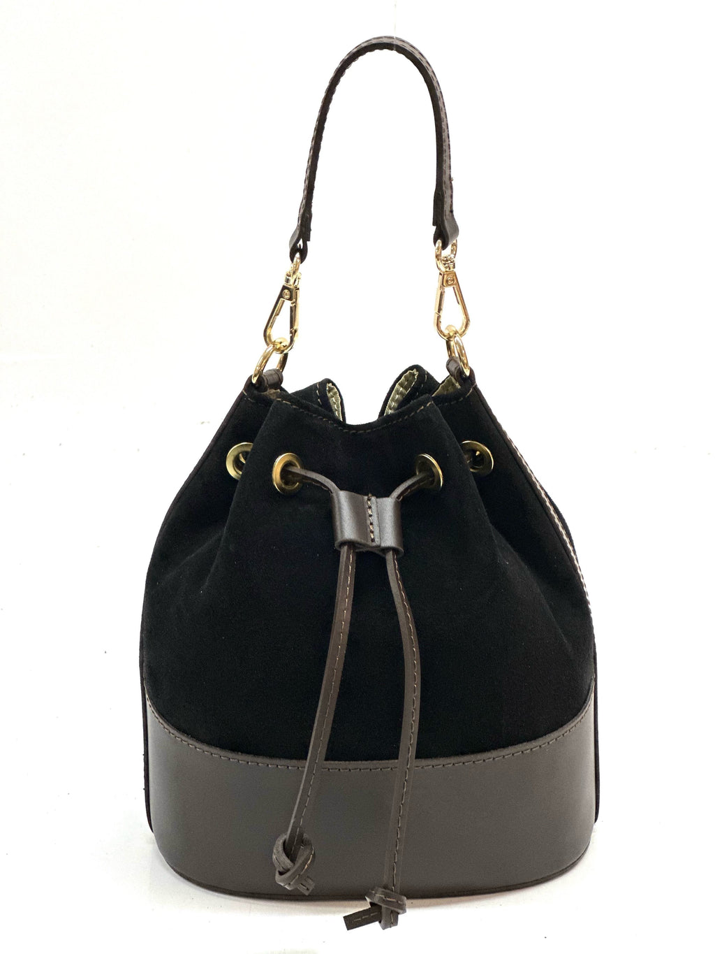 HE1072 Black Drawstring Suede Bucket Bag