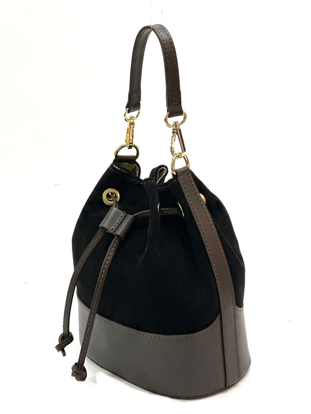 HE1072 Black Drawstring Suede Bucket Bag