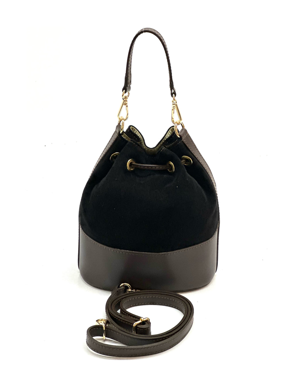 HE1072 Black Drawstring Suede Bucket Bag