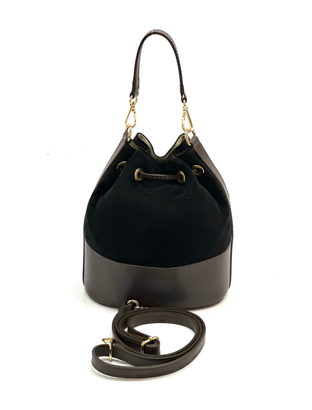 HE1072 Black Drawstring Suede Bucket Bag