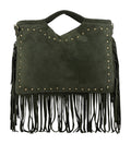 HE1074 Military Green Studded Fringe Suede Top Handle Bag