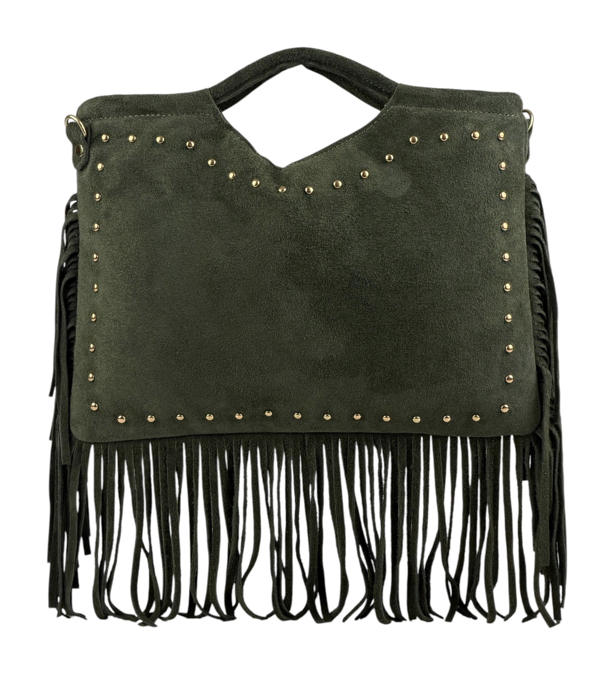 HE1074 Military Green Studded Fringe Suede Top Handle Bag