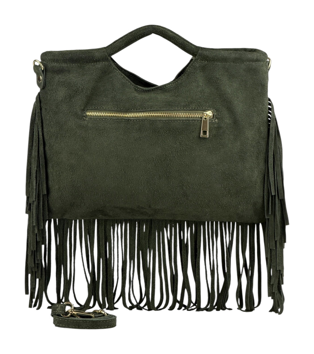 HE1074 Military Green Studded Fringe Suede Top Handle Bag