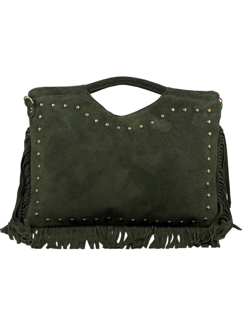 HE1074 Military Green Studded Fringe Suede Top Handle Bag