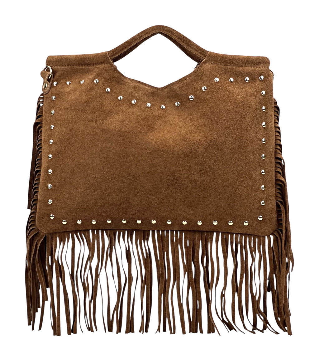 HE1075 Dark Tan Studded Fringe Suede Top Handle Bag
