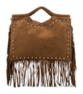 HE1075 Dark Tan Studded Fringe Suede Top Handle Bag