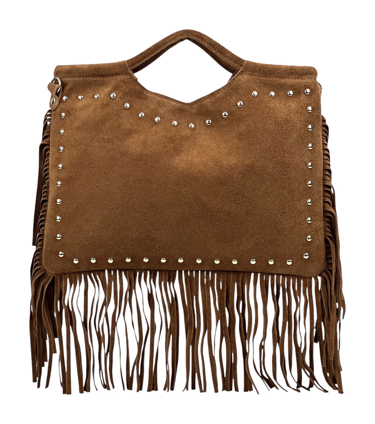 HE1075 Dark Tan Studded Fringe Suede Top Handle Bag