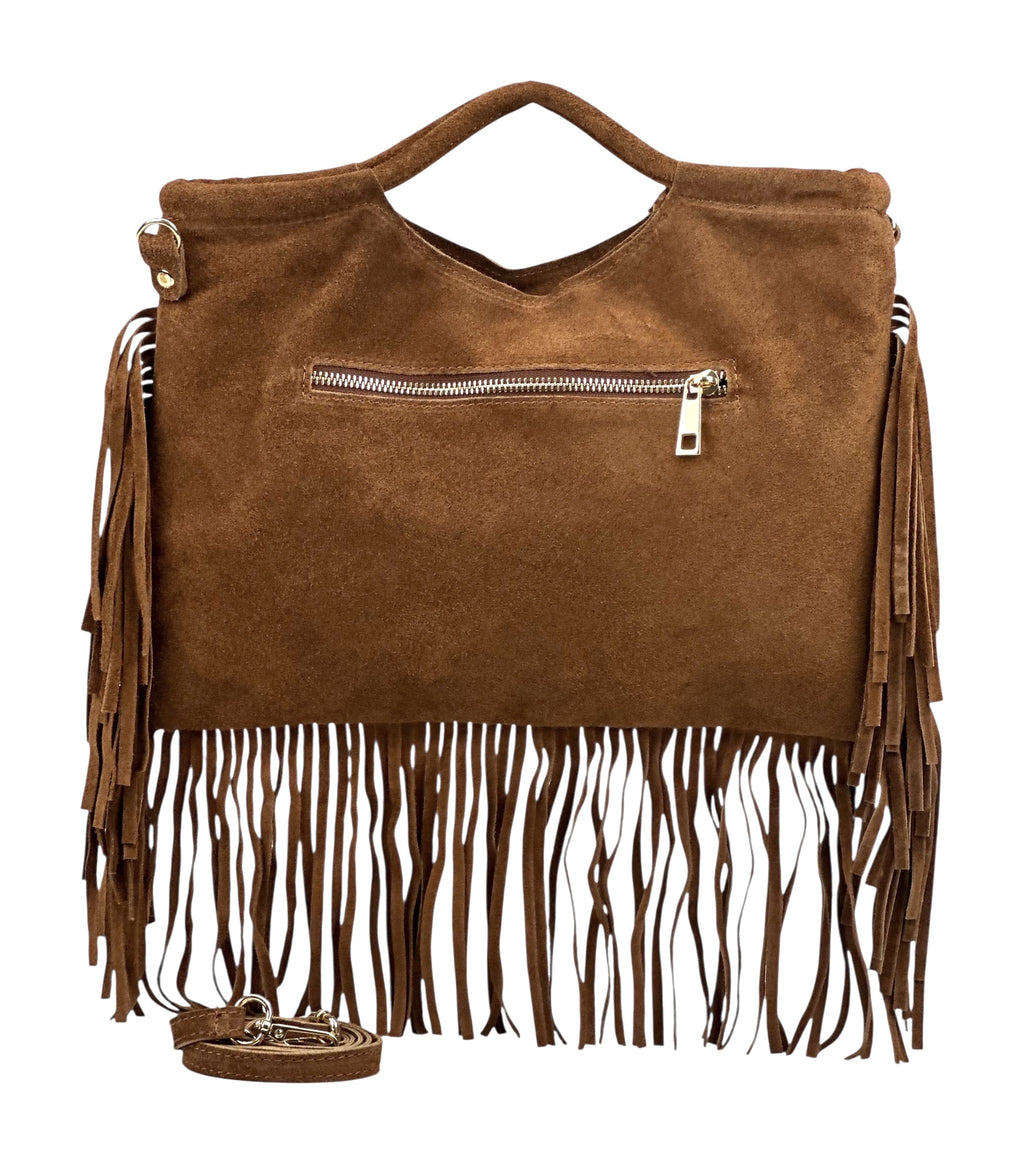 HE1075 Dark Tan Studded Fringe Suede Top Handle Bag