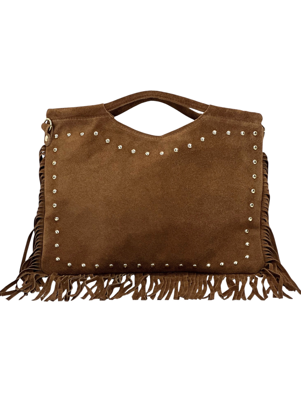 HE1075 Dark Tan Studded Fringe Suede Top Handle Bag