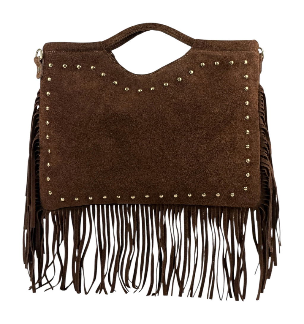 HE1076 Brown Studded Fringe Suede Top Handle Bag