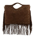 HE1076 Brown Studded Fringe Suede Top Handle Bag