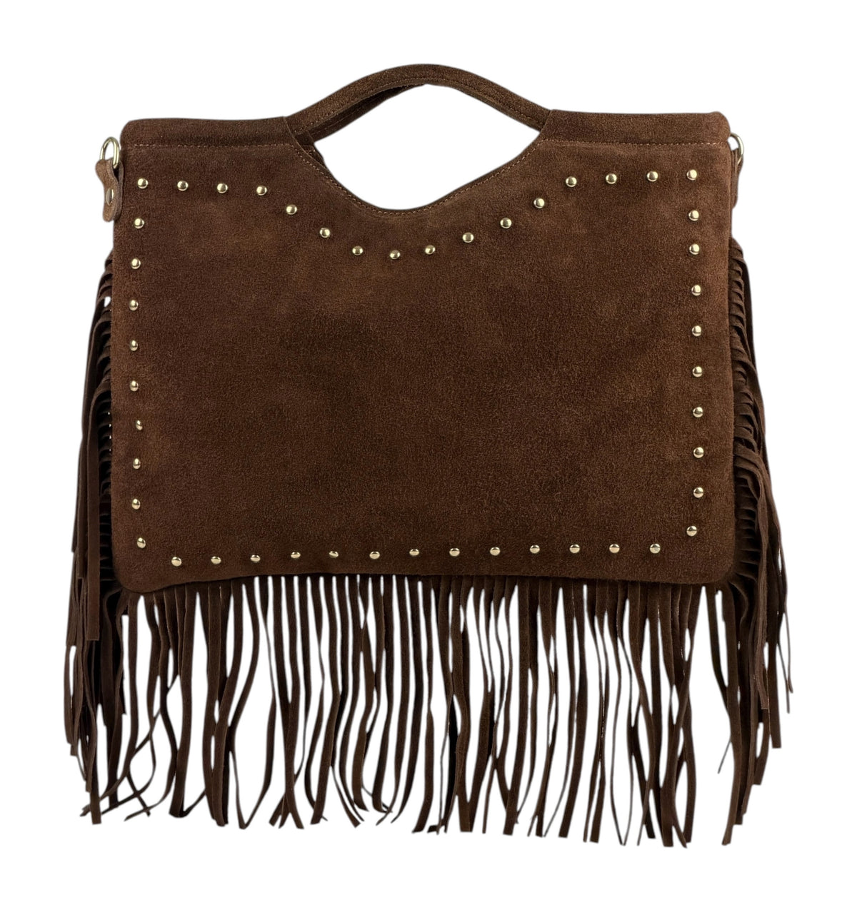 HE1076 Brown Studded Fringe Suede Top Handle Bag