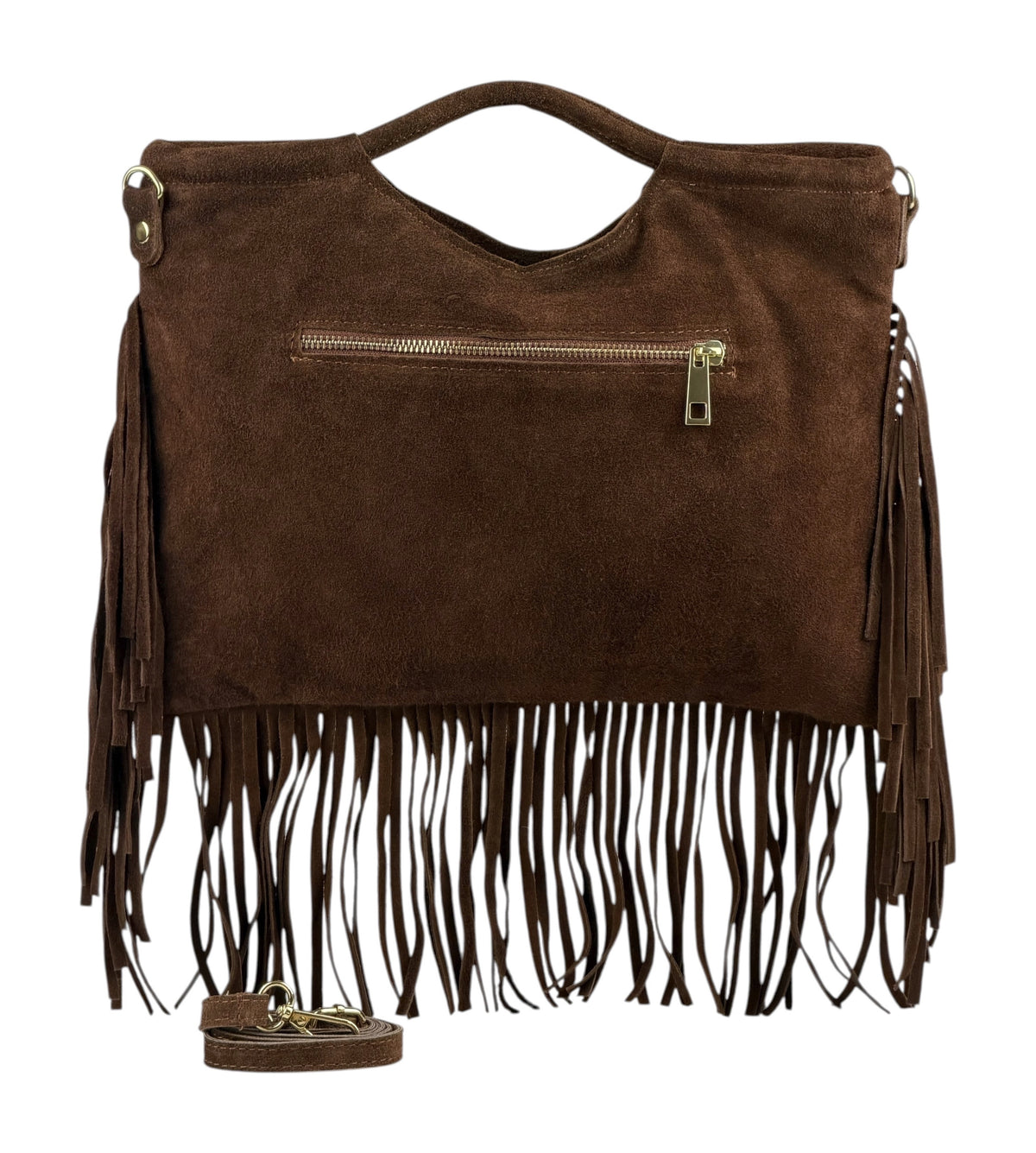 HE1076 Brown Studded Fringe Suede Top Handle Bag