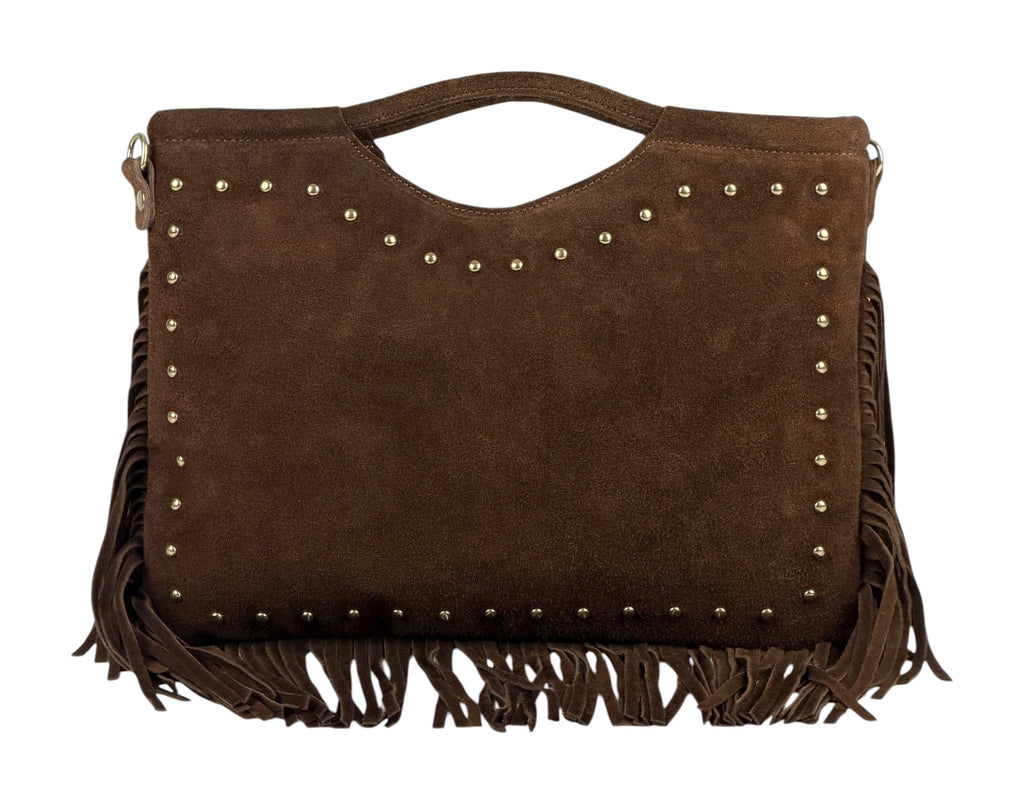 HE1076 Brown Studded Fringe Suede Top Handle Bag