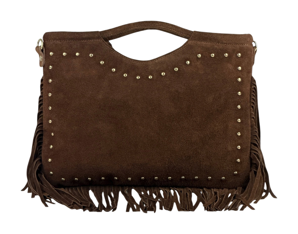 HE1076 Brown Studded Fringe Suede Top Handle Bag