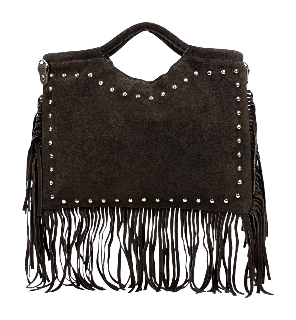 HE1077 Dark Brown Studded Fringe Suede Top Handle Bag