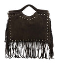 HE1077 Dark Brown Studded Fringe Suede Top Handle Bag