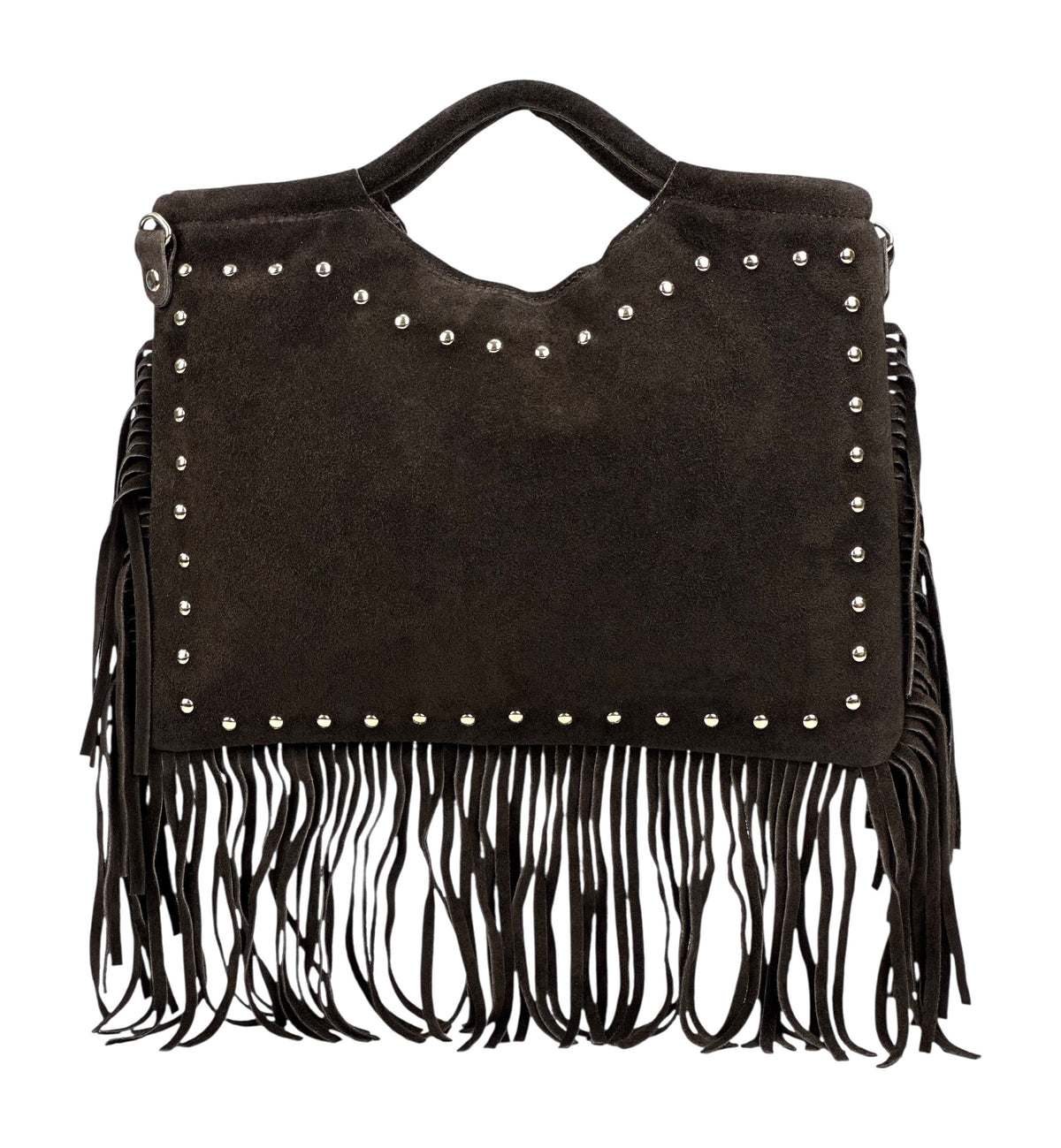 HE1077 Dark Brown Studded Fringe Suede Top Handle Bag