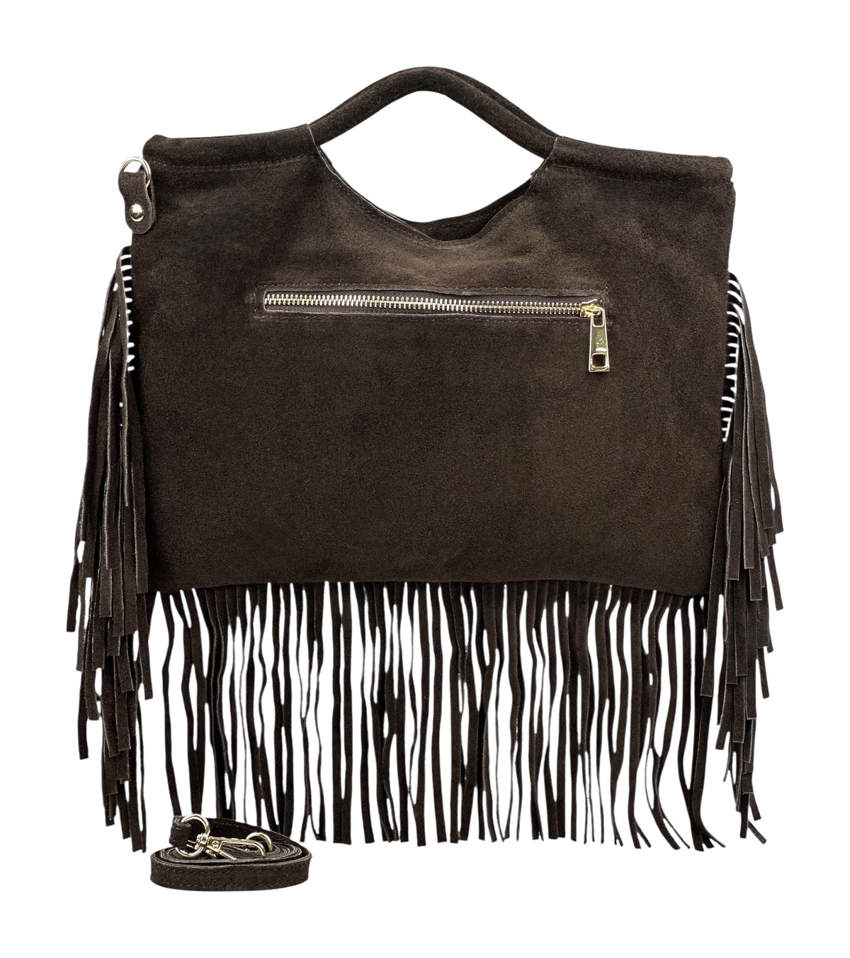 HE1077 Dark Brown Studded Fringe Suede Top Handle Bag
