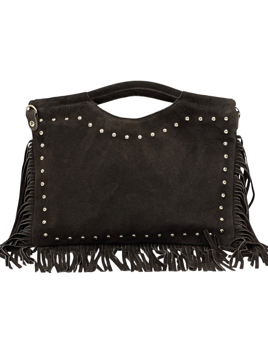 HE1077 Dark Brown Studded Fringe Suede Top Handle Bag
