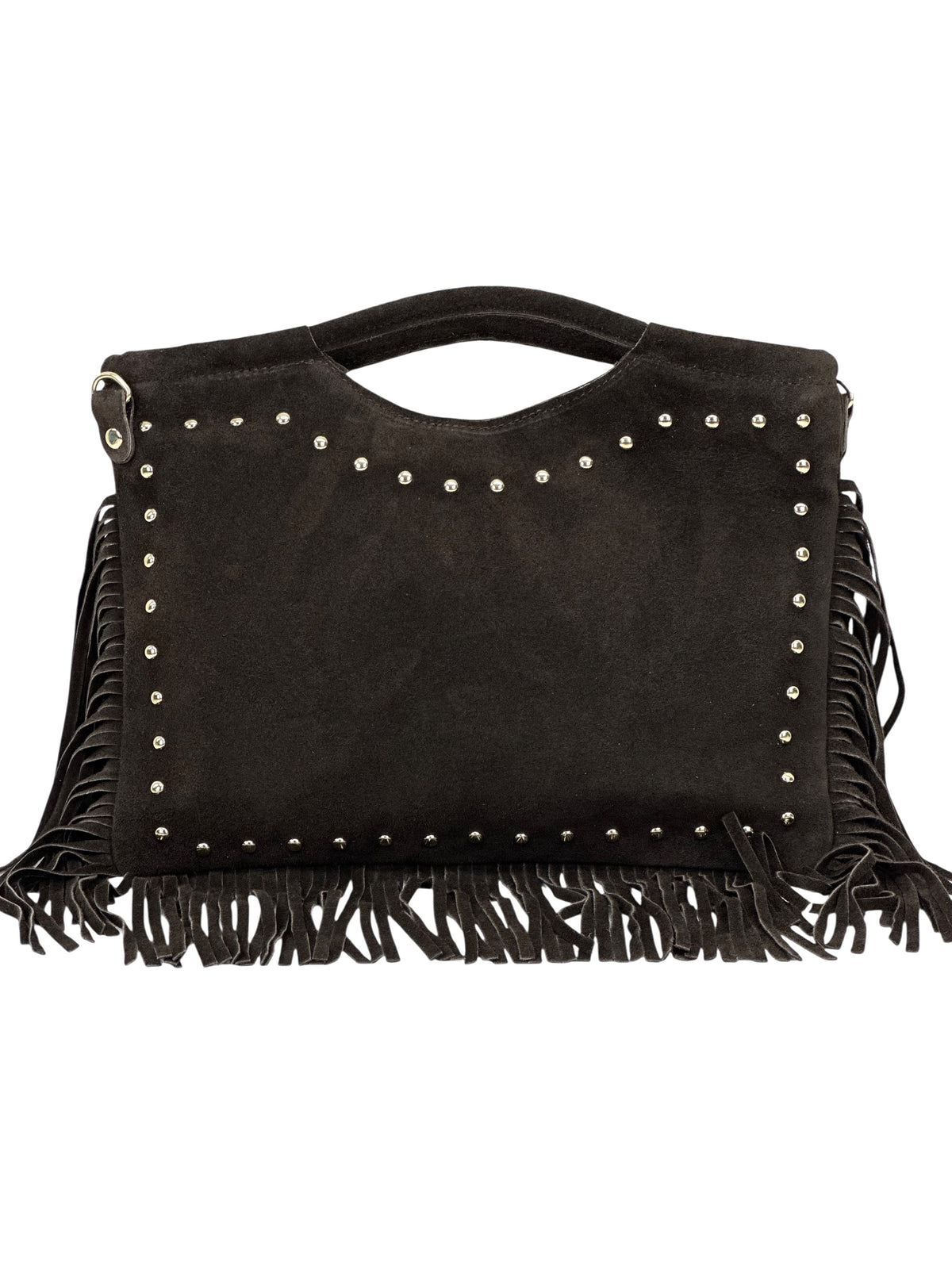 HE1077 Dark Brown Studded Fringe Suede Top Handle Bag