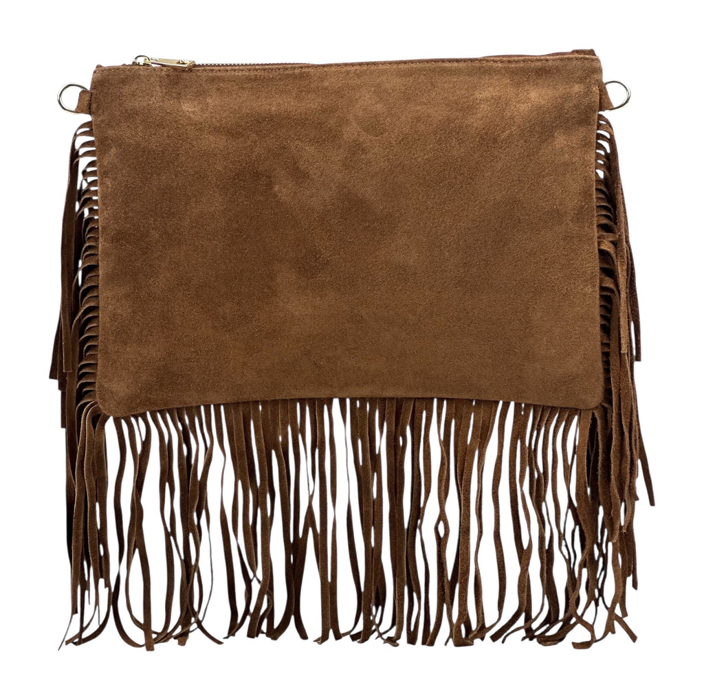 HE1079 Dark Tan Fringe Suede Clutch