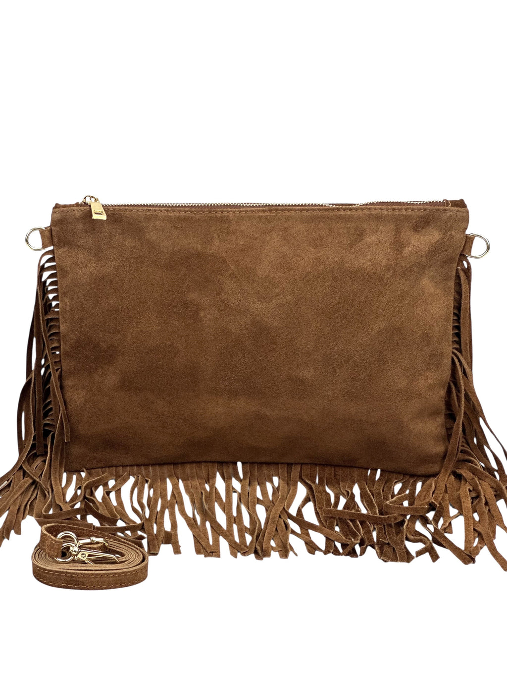 HE1079 Dark Tan Fringe Suede Clutch