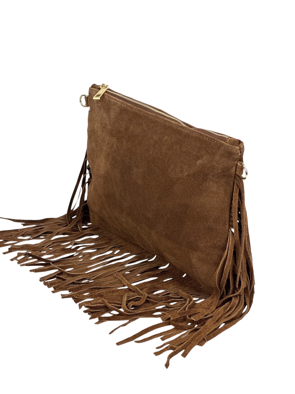 HE1079 Dark Tan Fringe Suede Clutch