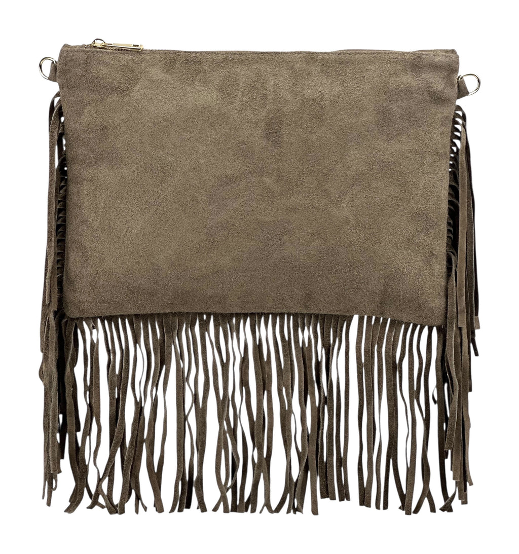 HE1080 Dark Taupe Fringe Suede Clutch