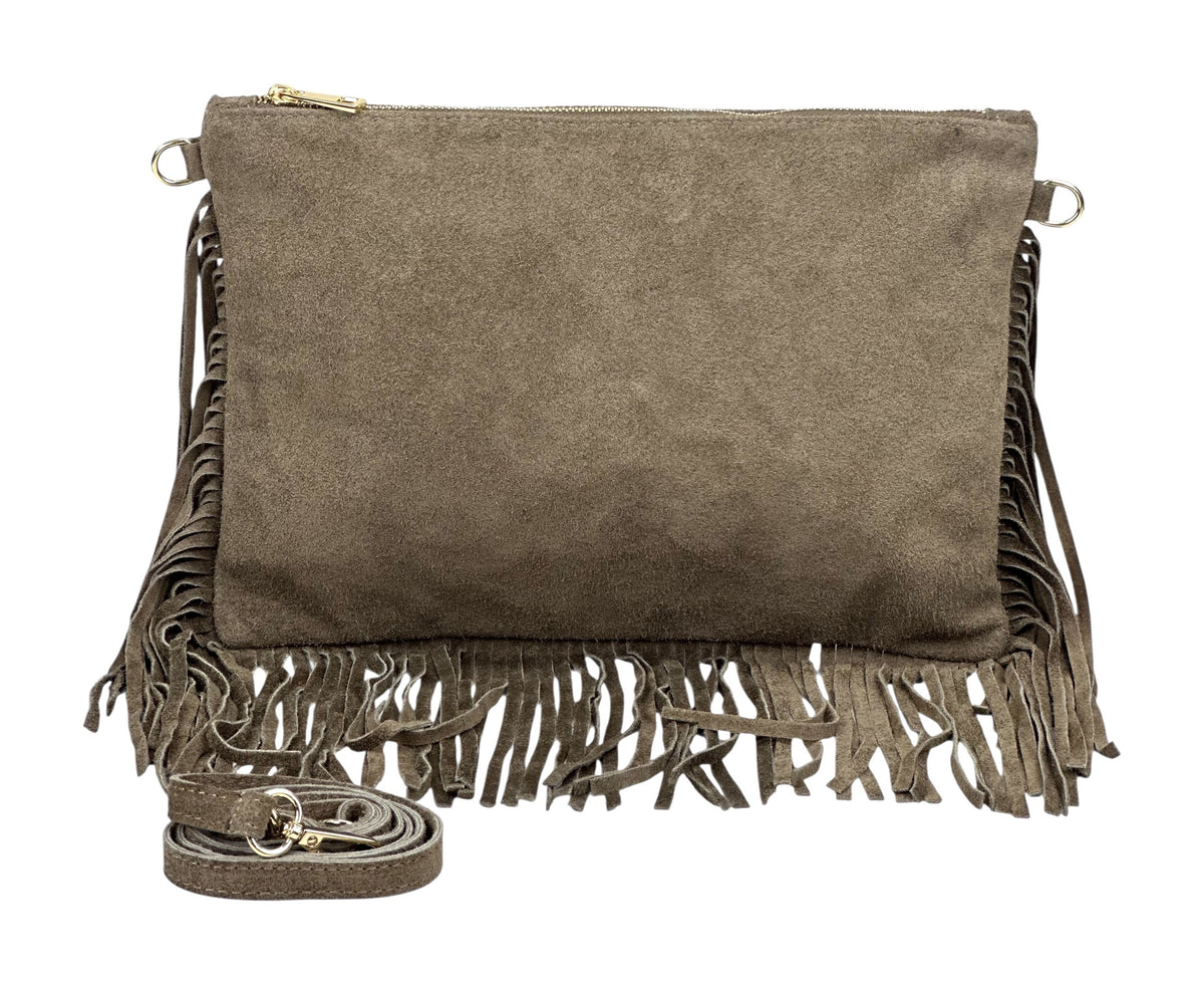 HE1080 Dark Taupe Fringe Suede Clutch