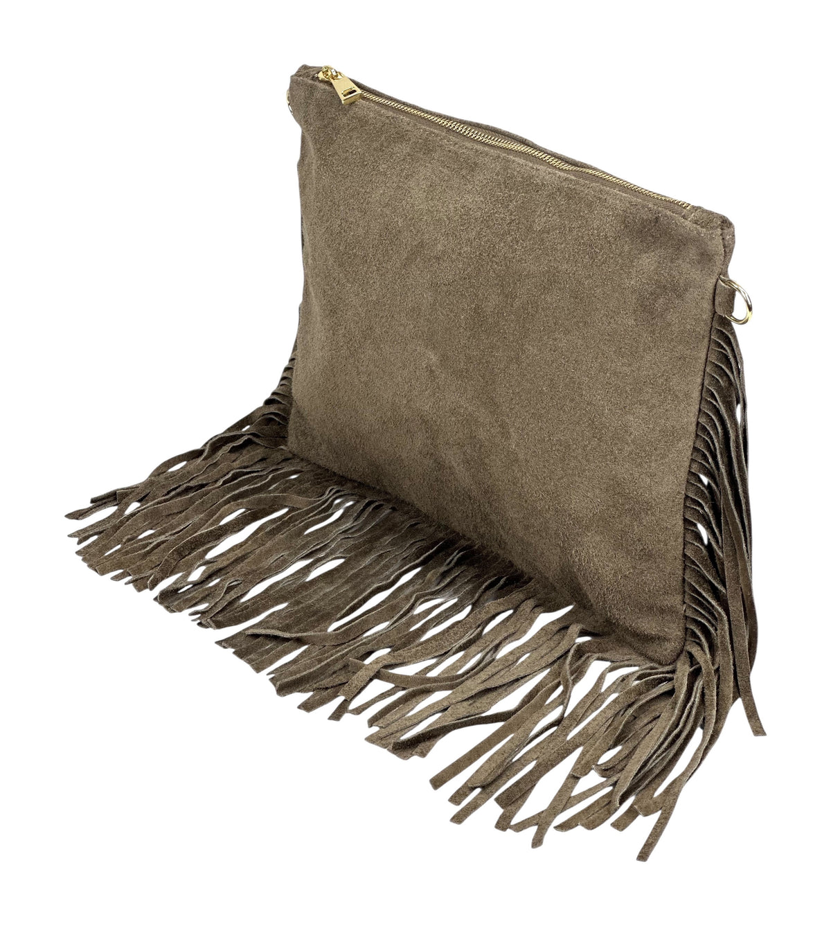 HE1080 Dark Taupe Fringe Suede Clutch